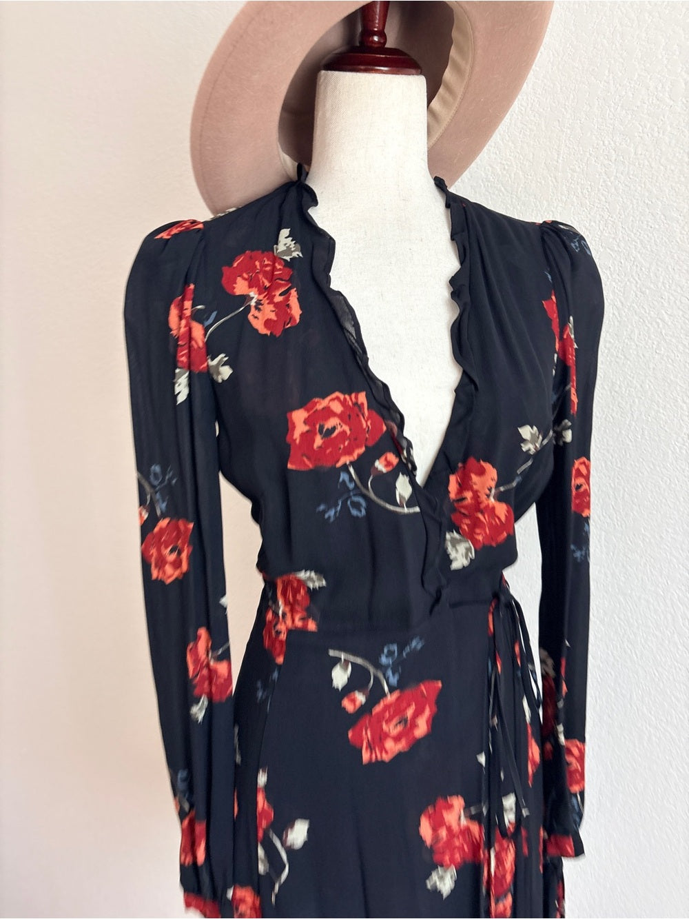 Reformation Delta Floral Black Wrap Dress (XS)