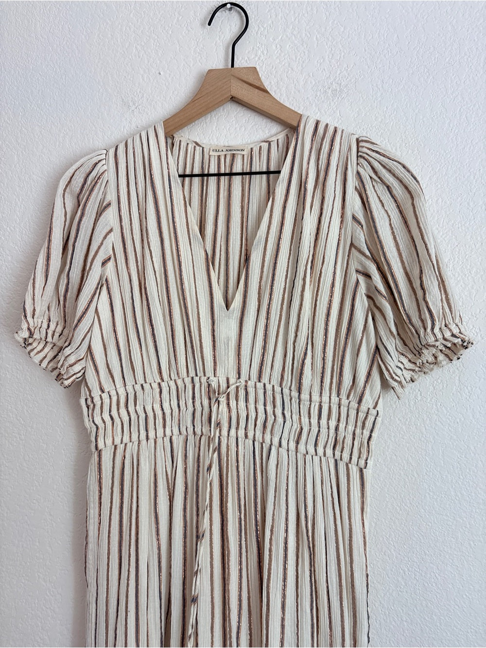Ulla Johnson Striped Cotton Lurex V-Neck Midi Dress (M)