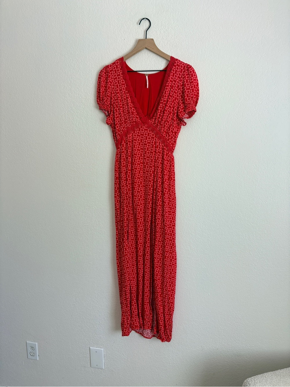 Free People Marley Red Printed V-Neck Dress with Side Slit (S)
