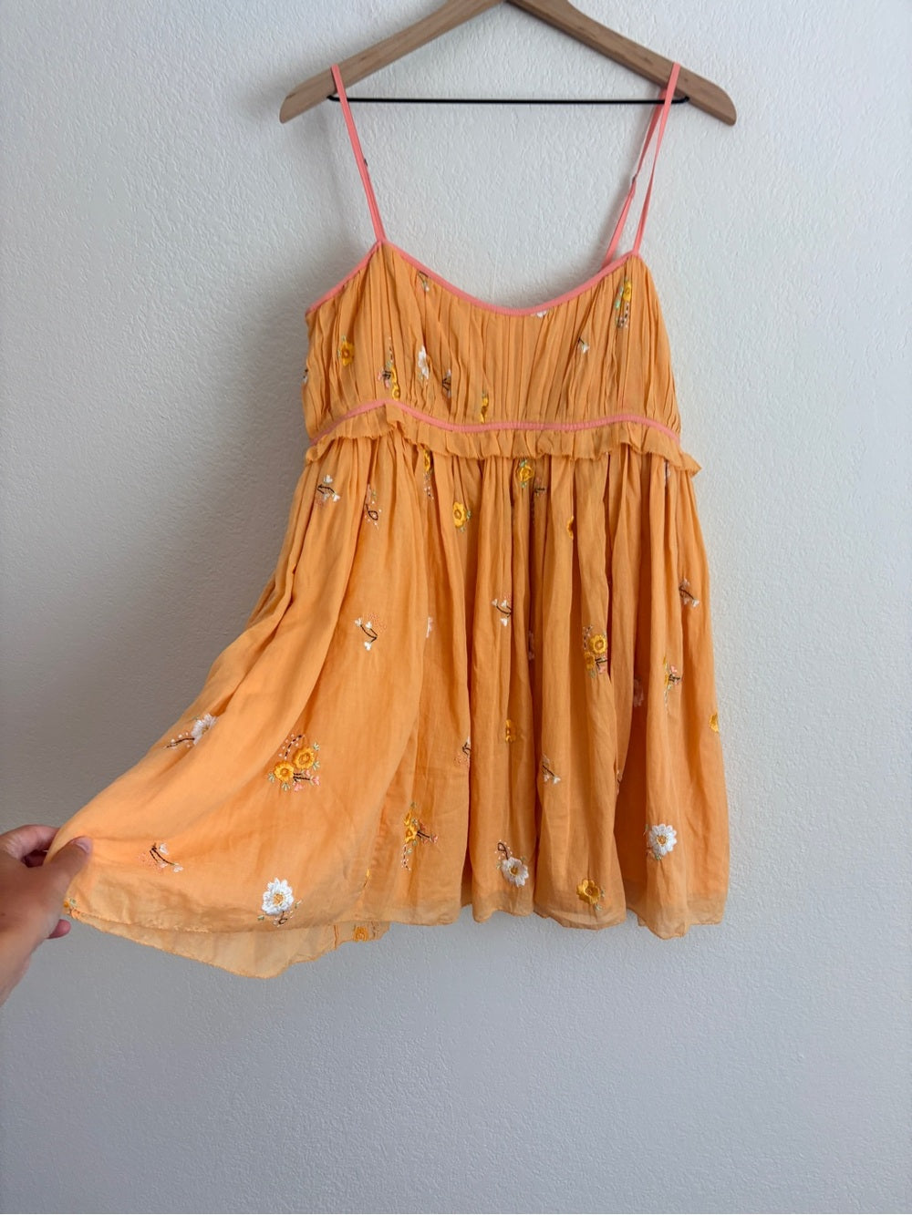 Free People Alana Babydoll Floral Embroidered Orange Mini Sundress (L)