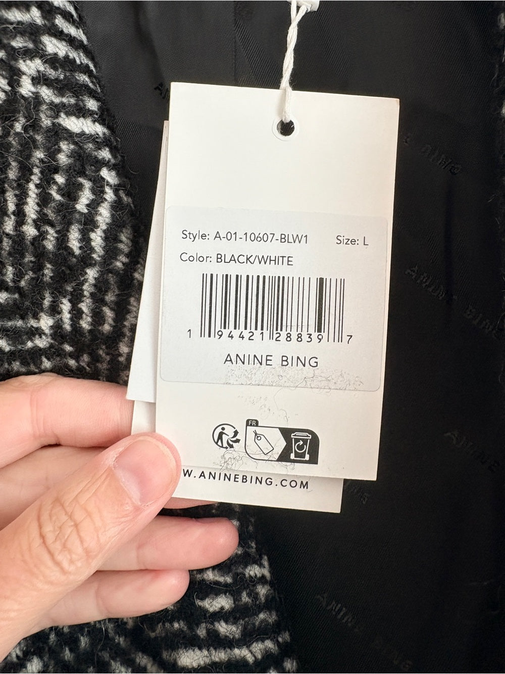 NWT Anine Bing Quinn Wool Long Herringbone Tweed Coat in Black and White (L)