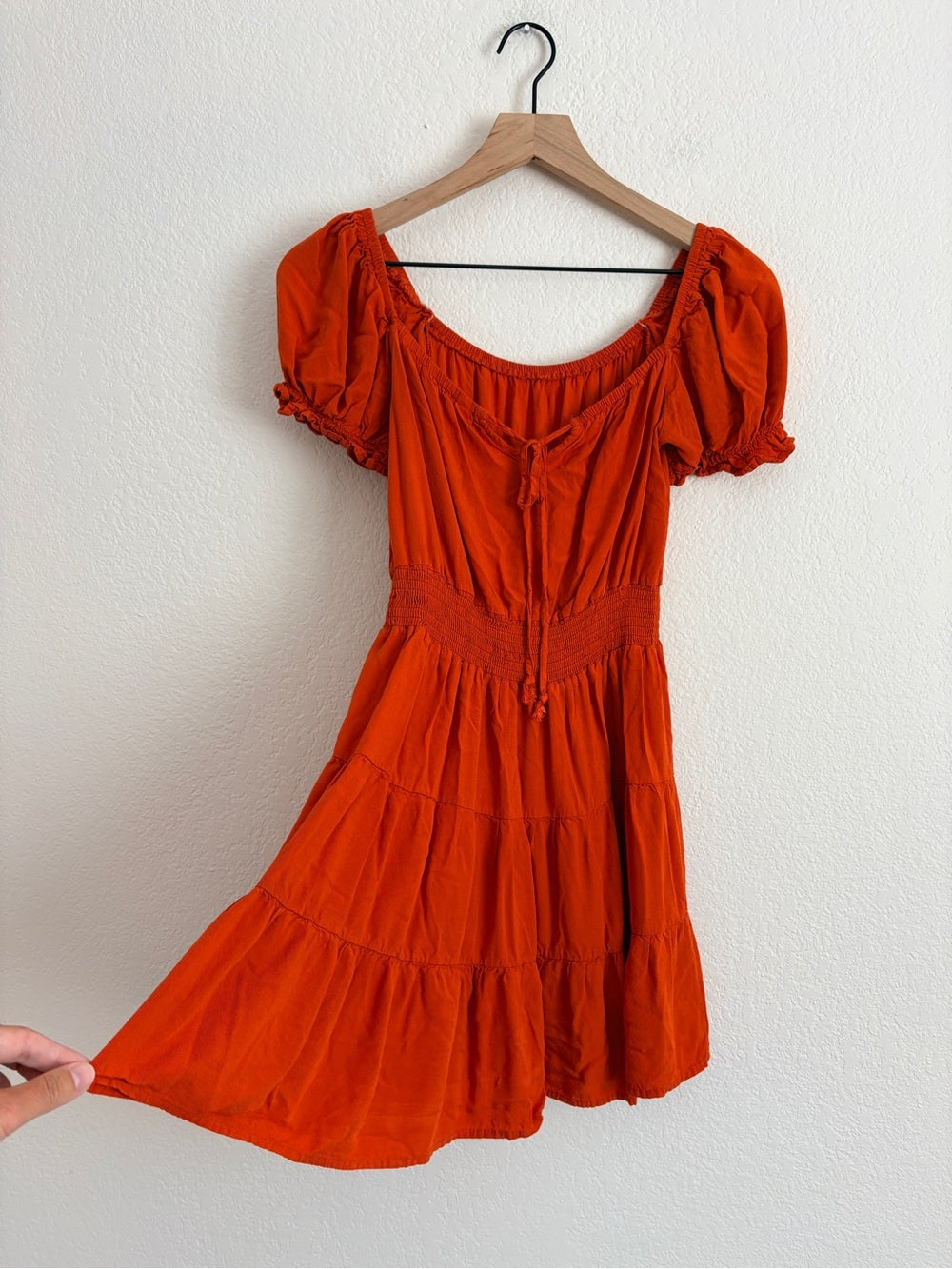 Boutique Tangerine Orange Smocked Tiered Puff Sleeve Dress (S)
