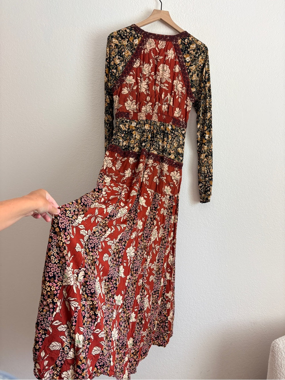 Free People Tilda Patchwork Bohemian Rust Floral Wrap Maxi Dress (M)