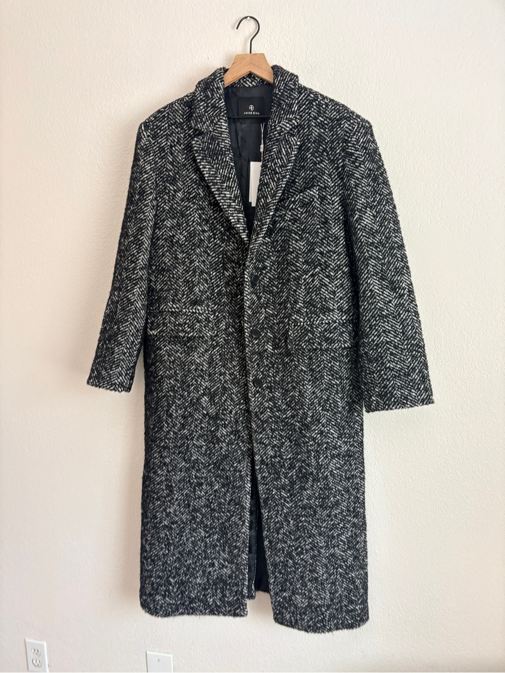 NWT Anine Bing Quinn Wool Long Herringbone Tweed Coat in Black and White (L)