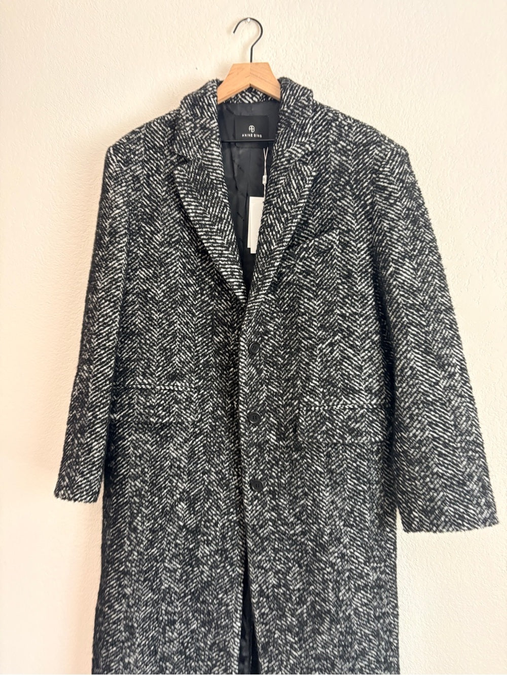 NWT Anine Bing Quinn Wool Long Herringbone Tweed Coat in Black and White (L)