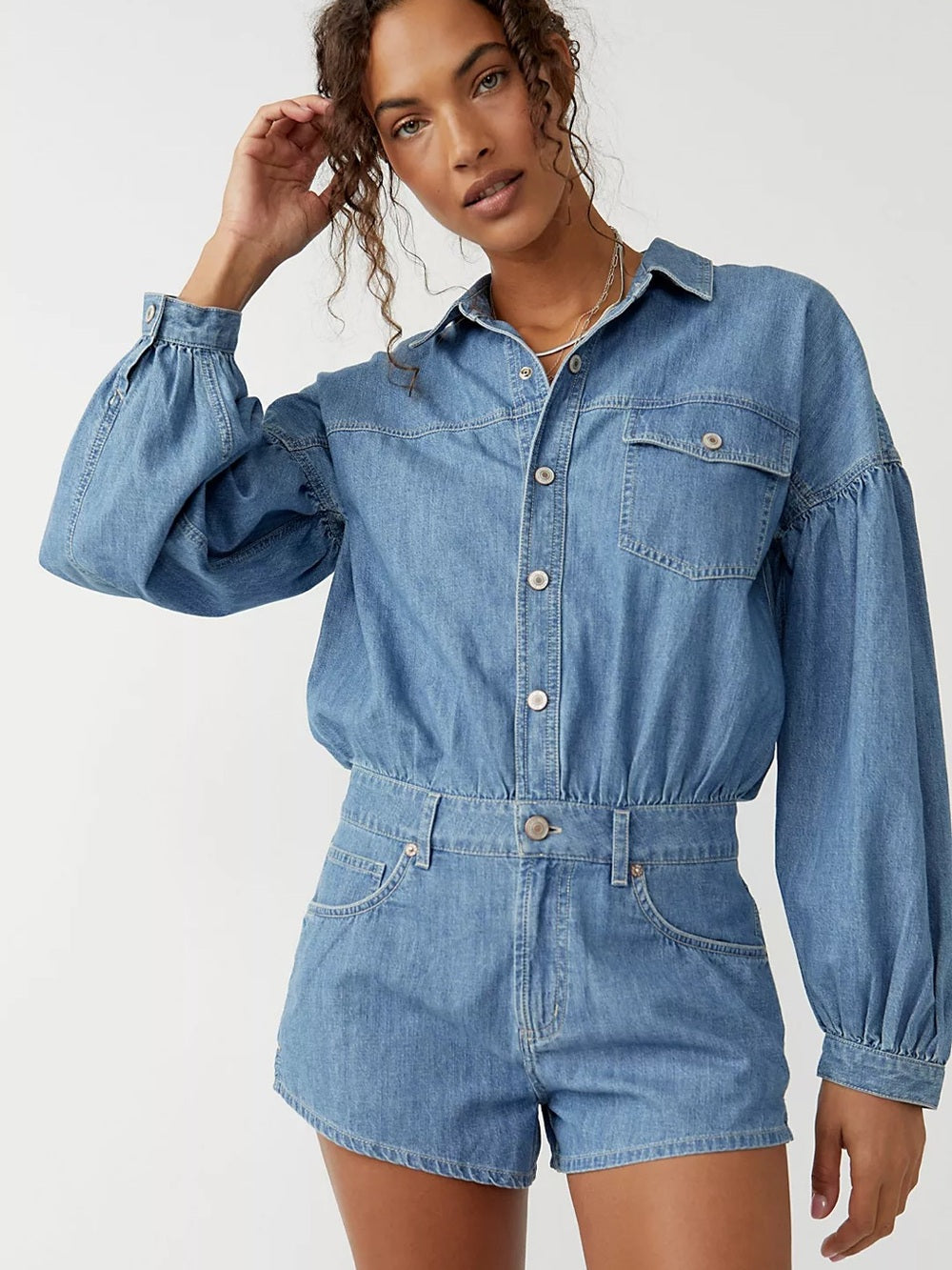Free People Zodiac Chambray Denim One-Piece Romper (L)