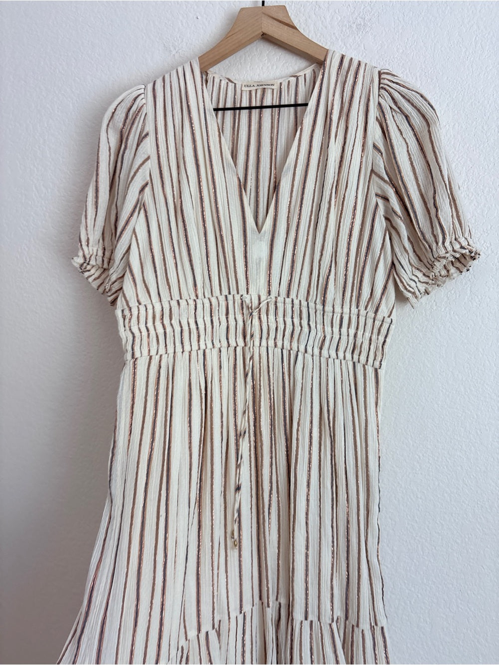 Ulla Johnson Striped Cotton Lurex V-Neck Midi Dress (M)