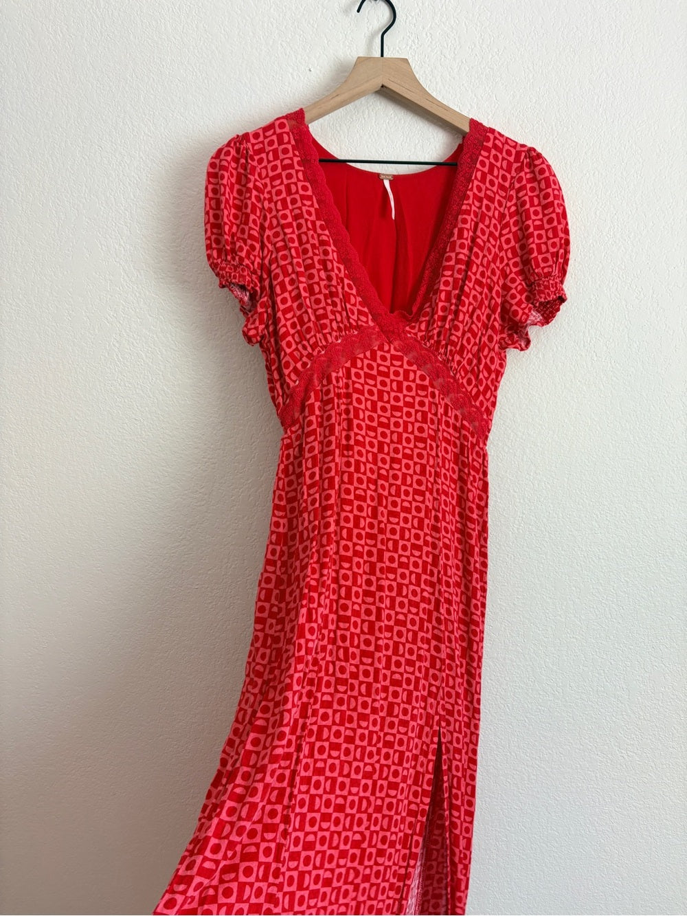 Free People Marley Red Printed V-Neck Dress with Side Slit (S)