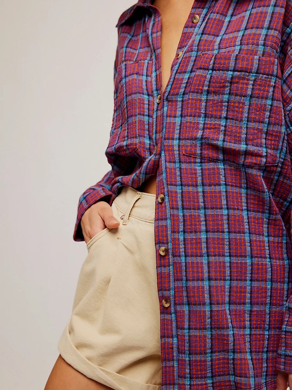 Free People Cardiff Purple Plaid Button-Up (S)