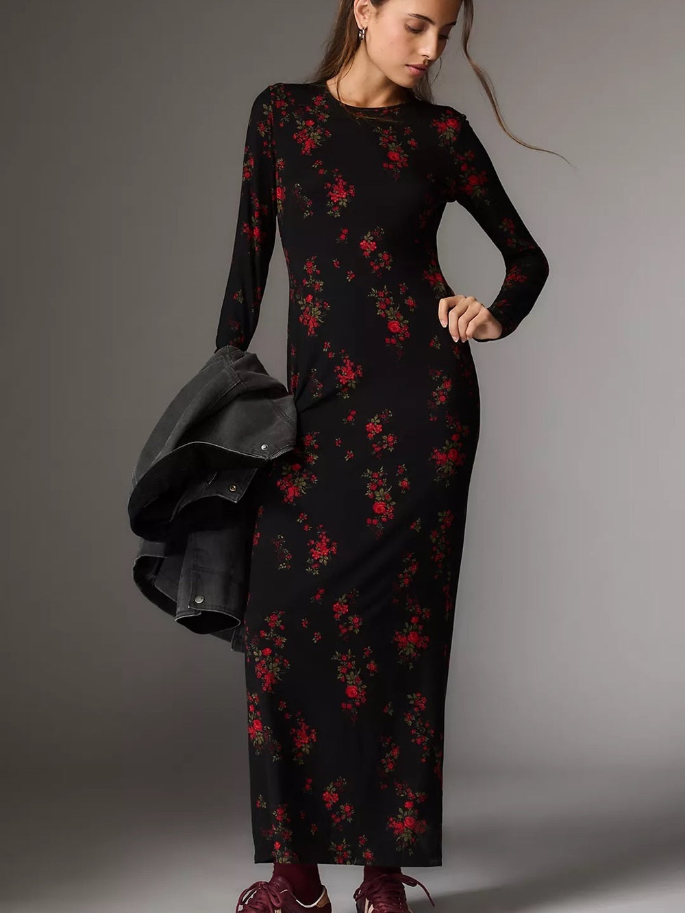 Reformation Black Maxi Dress with Red Floral Print (L)