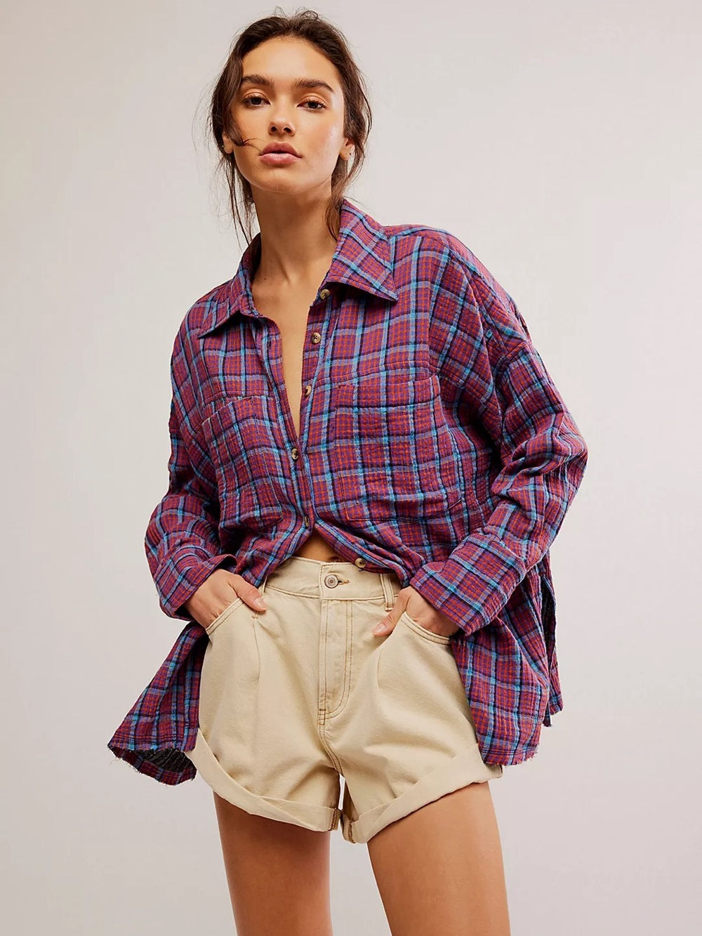 Free People Cardiff Purple Plaid Button-Up (S)