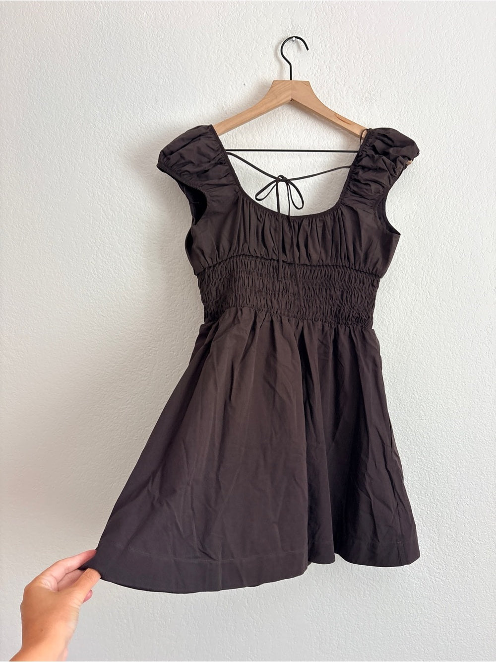 NWT By Anthropologie Cotton Smocked Mini Dress in Chocolate Brown (M)