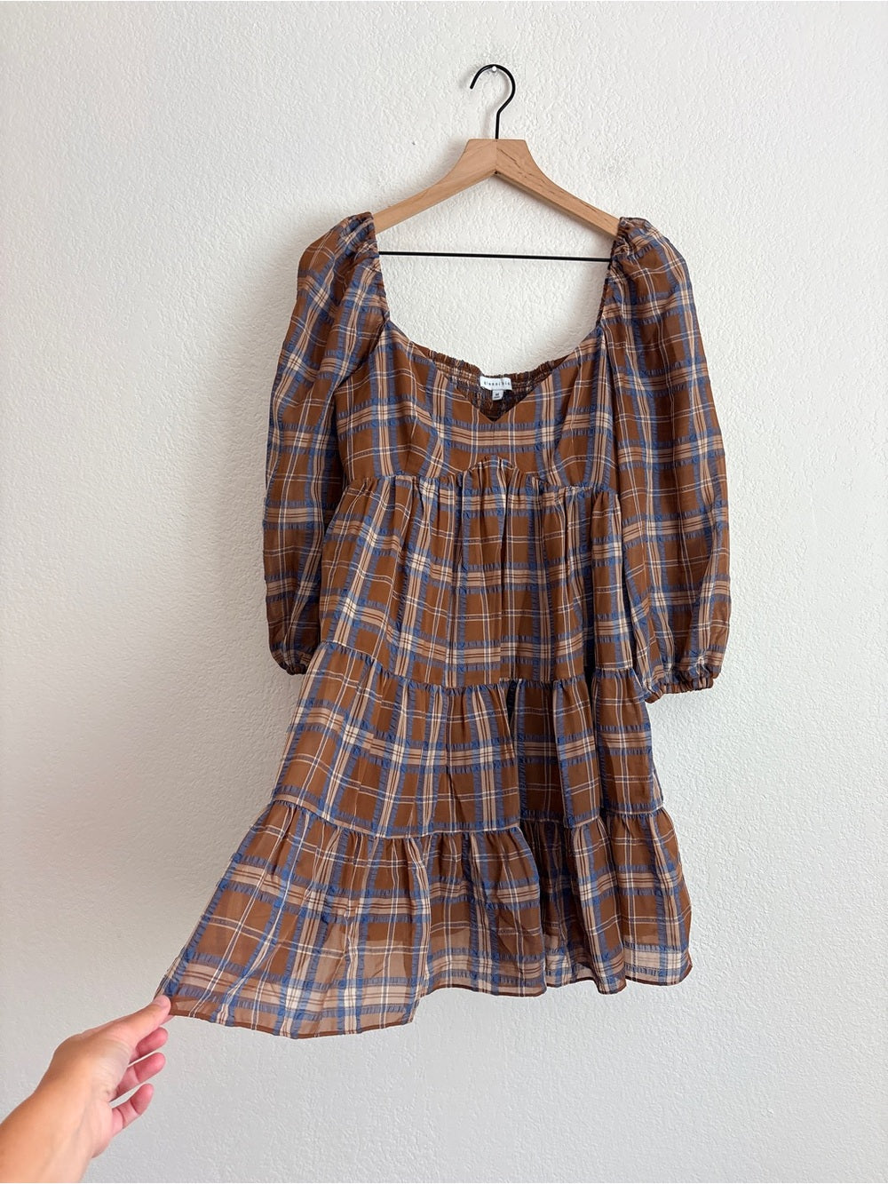 Gianni Bini Fall Plaid Puff-Sleeve Tiered Mini Dress Brown (M)