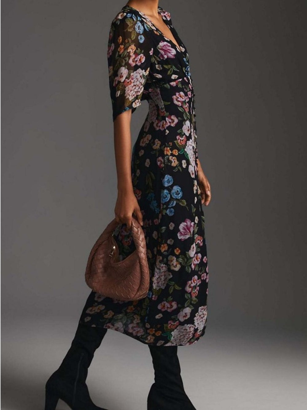 Anthropologie Maeve Floral Puff Sleeve V-Neck Black Midi Dress (2)