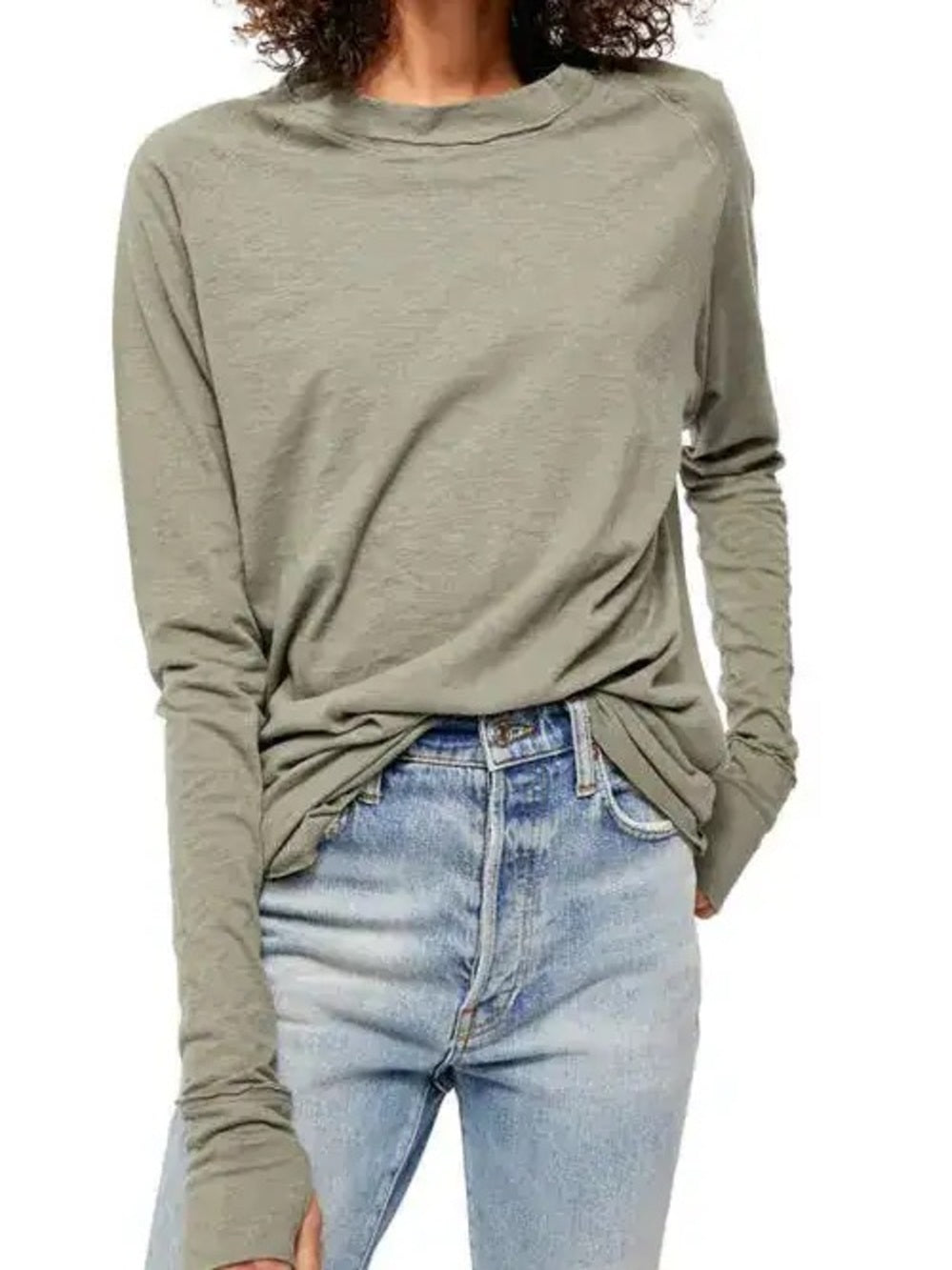 Free People Cotton Long Sleeve Crewneck Top in Olive Green (L)